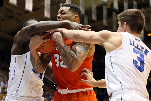 Jan 18, 2016; Durham, NC, USA; Duke Blue Devils forward Sean Obi (34) and guard Grayson Allen (3) battle for the ball with Syracuse Orange center DaJuan Coleman (32) in their game at Cameron Indoor Stadium. Mandatory Credit: Mark Dolejs-USA TODAY Sports Jan 18, 2016; Durham, NC, USA; Duke Blue Devils forward Sean Obi (34) and guard Grayson Allen (3) battle for the ball with Syracuse Orange center DaJuan Coleman (32) in their game at Cameron Indoor Stadium. Mandatory Credit: Mark Dolejs-USA TODAY Sports