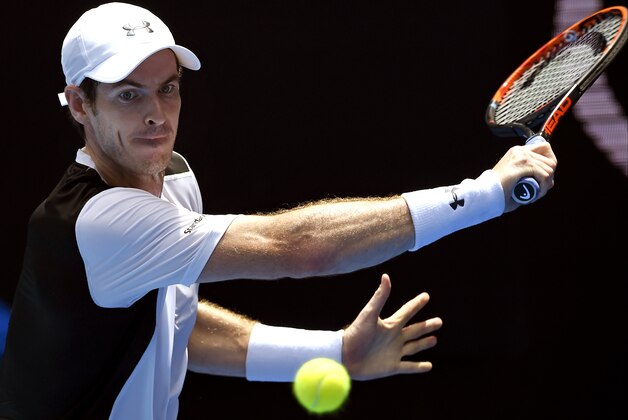Andy Murray of Britain makes a backhand return to Alexander Zverev of Germany during their first round match at the Australian Open tennis championships in Melbourne, Australia, Tuesday, Jan. 19, 2016.(AP Photo/Andrew Brownbill)