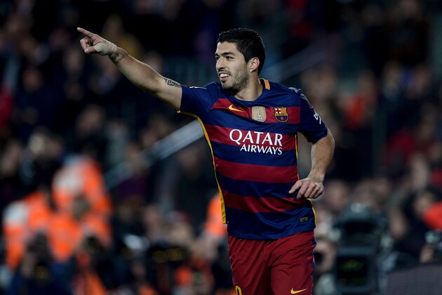 Barcelona's Uruguayan forward Luis Suarez celebrates his goal during the Spanish league football match FC Barcelona vs Athletic Club Bilbao at the Camp Nou stadium in Barcelona on January 17, 2016.   AFP PHOTO/ JOSEP LAGO / AFP / JOSEP LAGO        (Photo credit should read JOSEP LAGO/AFP/Getty Images)