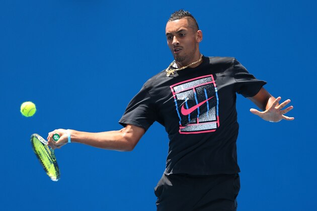 MELBOURNE, AUSTRALIA - JANUARY 19:  Nick Kyrgios of Australia plays a forehand during a practice session on day two of the 2016 Australian Open at Melbourne Park on January 19, 2016 in Melbourne, Australia.  (Photo by Cameron Spencer/Getty Images)