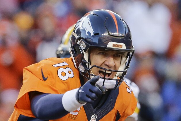 Denver Broncos quarterback Peyton Manning yells to his team during the second half in an NFL football divisional playoff game against the Pittsburgh Steelers, Sunday, Jan. 17, 2016, in Denver. (AP Photo/Joe Mahoney)