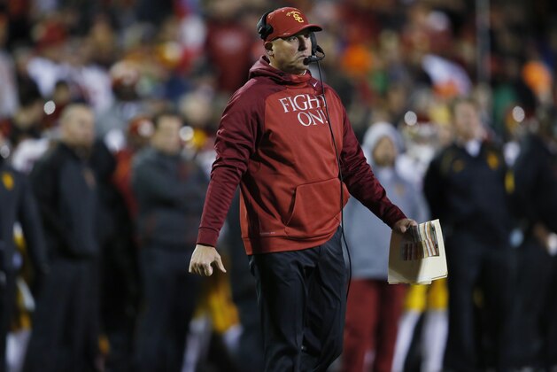 Southern California head coach Clay Helton in the second half of an NCAA college football game Friday, Nov. 13, 2015, in Boulder, Colo. Southern California won 27-24. (AP Photo/David Zalubowski)