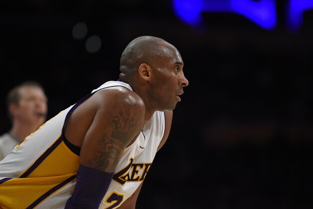 Los Angeles Lakers forward Kobe Bryant looks on during the second half of an NBA basketball game against the Houston Rockets, Sunday, Jan. 17, 2016, in Los Angeles. The Rockets won 112-95. (AP Photo/Mark J. Terrill)