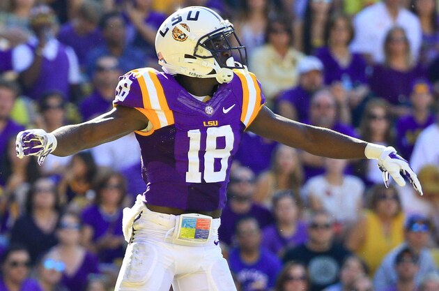 Oct 10, 2015; Baton Rouge, LA, USA; LSU Tigers cornerback Tre'Davious White (18) against the South Carolina Gamecocks during the second quarter of a game at Tiger Stadium.  Mandatory Credit: Derick E. Hingle-USA TODAY Sports
