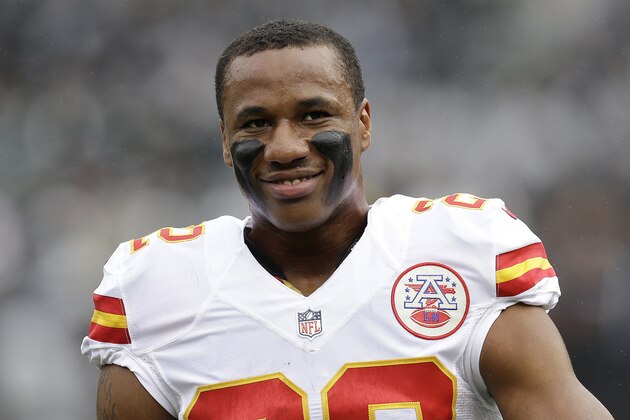 Kansas City Chiefs cornerback Marcus Peters (22) smiles before an NFL football game against the Oakland Raiders in Oakland, Calif., Sunday, Dec. 6, 2015. (AP Photo/Ben Margot)