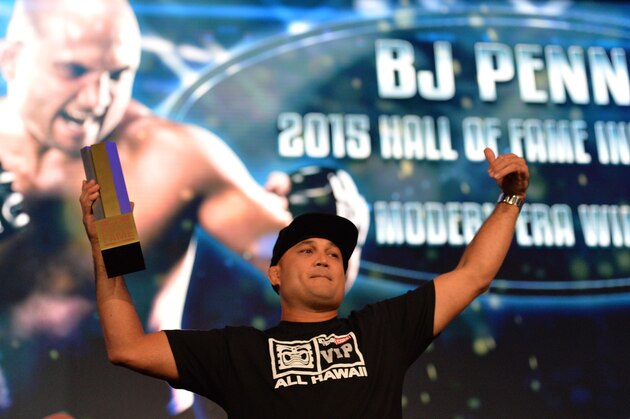 LAS VEGAS, NEVADA - JULY 11:   BJ Penn receives his award as he is inducted into the UFC Hall of Fame at the UFC Fan Expo in the Sands Expo and Convention Center on July 11, 2015 in Las Vegas Nevada. (Photo by Brandon Magnus/Zuffa LLC/Zuffa LLC via Getty Images)