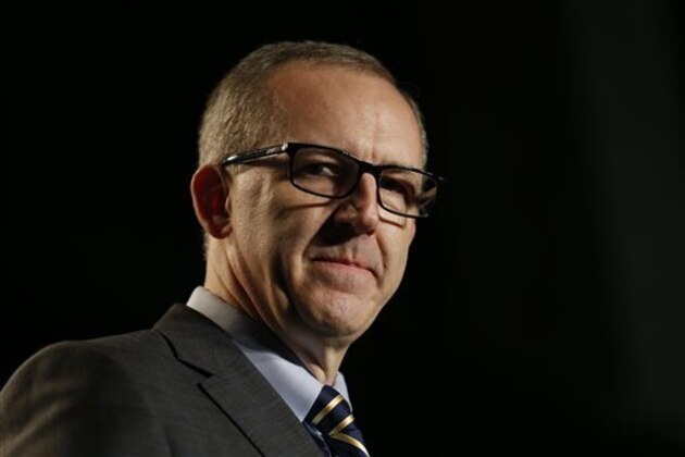 New SEC Commissioner Greg Sankey speaks before an NCAA college basketball game in the quarter final round of the Southeastern Conference tournament, Friday, March 13, 2015, in Nashville, Tenn. Sankey replaces the retiring Mike Slive as commissioner of the Southeastern Conference. (AP Photo/Steve Helber)