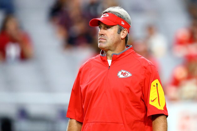 Aug 15, 2015; Glendale, AZ, USA; Kansas City Chiefs offensive coordinator Doug Pederson against the Arizona Cardinals during a preseason NFL football game at University of Phoenix Stadium. Mandatory Credit: Mark J. Rebilas-USA TODAY Sports