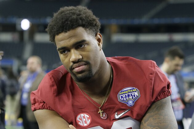 Alabama defensive lineman Jonathan Allen (93) listens to a questions during the media day for the NCAA Cotton Bowl college football game Tuesday, Dec. 29, 2015, in Arlington, Texas. (AP Photo/LM Otero)