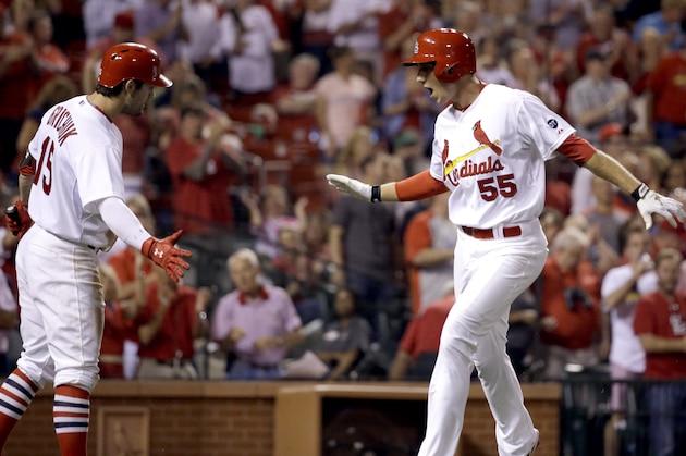 St. Louis Cardinals' Stephen Piscotty, right, is congratulated by teammate Randal Grichuk after hitting a solo home run during the fourth inning of a baseball game against the Milwaukee Brewers on Thursday, Sept. 24, 2015, in St. Louis. (AP Photo/Jeff Roberson)
