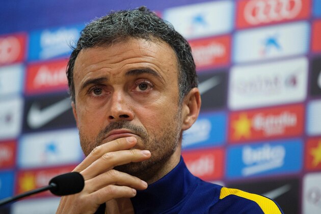 Barcelona's coach Luis Enrique gestures during a press conference at the Sports Center FC Barcelona Joan Gamper in Sant Joan Despi, near Barcelona on January 1, 2016.   AFP PHOTO/ PAU BARRENA / AFP / PAU BARRENA        (Photo credit should read PAU BARRENA/AFP/Getty Images)