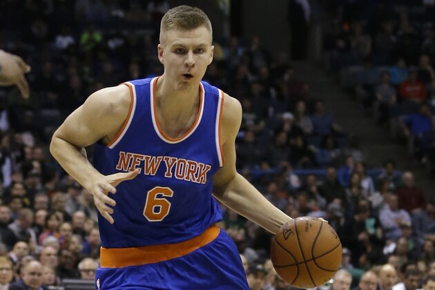 New York Knicks' Kristaps Porzingis dribbles during the first half of an NBA basketball game against the Milwaukee Bucks Saturday, Dec. 5, 2015, in Milwaukee. (AP Photo/Aaron Gash) New York Knicks' Kristaps Porzingis dribbles during the first half of an NBA basketball game against the Milwaukee Bucks Saturday, Dec. 5, 2015, in Milwaukee. (AP Photo/Aaron Gash)