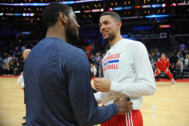 LOS ANGELES, CA - JANUARY 16: Austin Rivers #25 of the Los Angeles Clippers and Kyrie Irving #2 of the Cleveland Cavaliers speak before a game at STAPLES Center on January 16, 2015 in Los Angeles, California. NOTE TO USER: User expressly acknowledges and agrees that, by downloading and/or using this Photograph, user is consenting to the terms and conditions of the Getty Images License Agreement. Mandatory Copyright Notice: Copyright 2015 NBAE (Photo by Juan Ocampo/NBAE via Getty Images) LOS ANGELES, CA - JANUARY 16: Austin Rivers #25 of the Los Angeles Clippers and Kyrie Irving #2 of the Cleveland Cavaliers speak before a game at STAPLES Center on January 16, 2015 in Los Angeles, California. NOTE TO USER: User expressly acknowledges and agrees that, by downloading and/or using this Photograph, user is consenting to the terms and conditions of the Getty Images License Agreement. Mandatory Copyright Notice: Copyright 2015 NBAE (Photo by Juan Ocampo/NBAE via Getty Images)