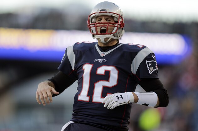New England Patriots quarterback Tom Brady shouts as he takes the field to warm up before an NFL divisional playoff football game against the Kansas City Chiefs, Saturday, Jan. 16, 2016, in Foxborough, Mass. (AP Photo/Charles Krupa)