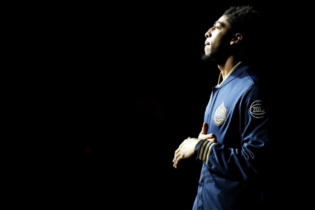 New Orleans Pelicans forward Anthony Davis takes the court before the first half of an NBA basketball game against the Minnesota Timberwolves Tuesday, Jan. 19, 2016, in New Orleans. (AP Photo/Jonathan Bachman)