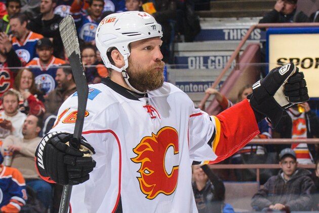 EDMONTON, AB - MARCH 22: Brian McGrattan #16 of the Calgary Flames in action against the Edmonton Oilers during an NHL game at Rexall Place on March 22, 2014 in Edmonton, Alberta, Canada. (Photo by Derek Leung/Getty Images)