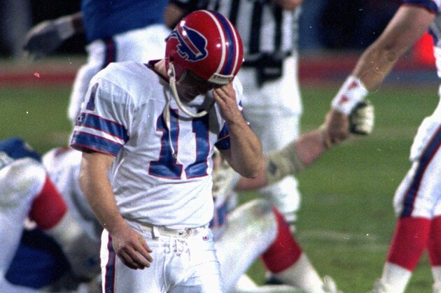 Scott Norwood of the Buffalo Bills walks dejectedly off the field after missing what would have been the game-winning field goal in Super Bowl XXV, Jan.27, 1991 in Tampa. Buffalo lost to the New York Giants, 20-19.(AP Photo/Chris O'Meara)