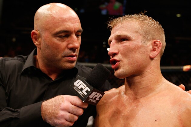 SACRAMENTO, CA - AUGUST 30:  T.J. Dillashaw is interviewed by Joe Rogan after his victory over Joe Soto in their UFC bantamweight championship bout during the UFC 177 event at Sleep Train Arena on August 30, 2014 in Sacramento, California.  (Photo by Josh Hedges/Zuffa LLC/Zuffa LLC via Getty Images)
