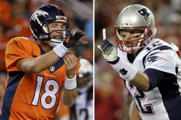 FILE - At left, in an Oct. 23, 2014, file photo, Denver Broncos quarterback Peyton Manning calls a play against the San Diego Chargers during an NFL football game in Denver. At right, in a Sept. 29, 2014, file photo, New England Patriots quarterback Tom Brady points on the line of scrimmage during an NFL football game against the Kansas City Chiefs in Kansas City, Mo. New England has little time to savor its fourth straight win, a 51-23 pounding of the Chicago Bears. Tom Brady versus Brock Osweiler just doesn't have the same Hall of Fame ring to it. Still, when Brady leads his undefeated Patriots into Denver on Sunday night, Nov. 29, 2015 the game will have plenty of significance. (AP Photo/File)