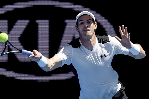 Andy Murray of Britain hits a forehand return to Alexander Zverev of Germany during their first round match at the Australian Open tennis championships in Melbourne, Australia, Tuesday, Jan. 19, 2016.(AP Photo/Andrew Brownbill)