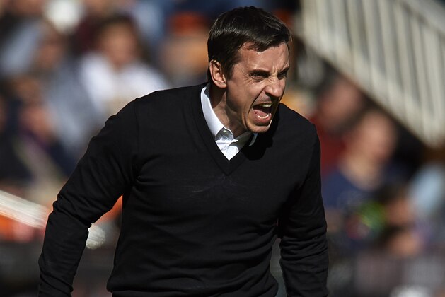 VALENCIA, SPAIN - JANUARY 17:  Gary Neville manager of Valencia CF reacts during the La Liga match between Valencia CF and Rayo Vallecano at Estadi de Mestalla on January 17, 2016 in Valencia, Spain.  (Photo by Manuel Queimadelos Alonso/Getty Images)