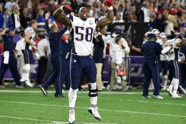 GLENDALE, AZ - FEBRUARY 01 :  Darius Fleming #58 of the New England Patriots celebrates after Malcolm Butler #21 intercepted a pass at the goal line late in the game against the Seattle Seahawks in Super Bowl XLIX February 1, 2015 at the University of Phoenix Stadium in Glendale, Arizona. The Patriots won the game 28-24.  (Photo by Focus on Sport/Getty Images)