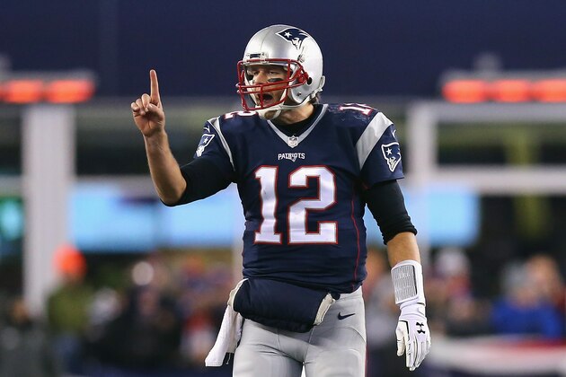 FOXBORO, MA - JANUARY 16:  Tom Brady #12 of the New England Patriots gestures after a play in the fourth quarter against the Kansas City Chiefs during the AFC Divisional Playoff Game at Gillette Stadium on January 16, 2016 in Foxboro, Massachusetts.  (Photo by Maddie Meyer/Getty Images)