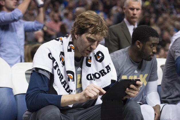 Jan 18, 2016; Dallas, TX, USA; Dallas Mavericks forward Dirk Nowitzki (41) reads plays during the first half of the game against the Boston Celtics at the American Airlines Center. Mandatory Credit: Jerome Miron-USA TODAY Sports