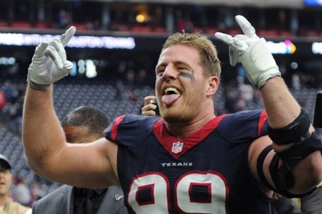 Houston Texans defensive end J.J. Watt (99) celebrates after the team's win over the Jacksonville Jaguars in an NFL football game Sunday, Jan. 3, 2016, in Houston. Houston won 30-6. (AP Photo/Eric Christian Smith)