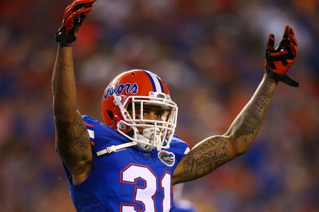 GAINESVILLE, FL - SEPTEMBER 05: Defensive back Jalen Tabor #31 of the Florida Gators signals to the crowd during the game against the New Mexico State Aggies at Ben Hill Griffin Stadium on September 5, 2015 in Gainesville, Florida.  (Photo by Rob Foldy/Getty Images)