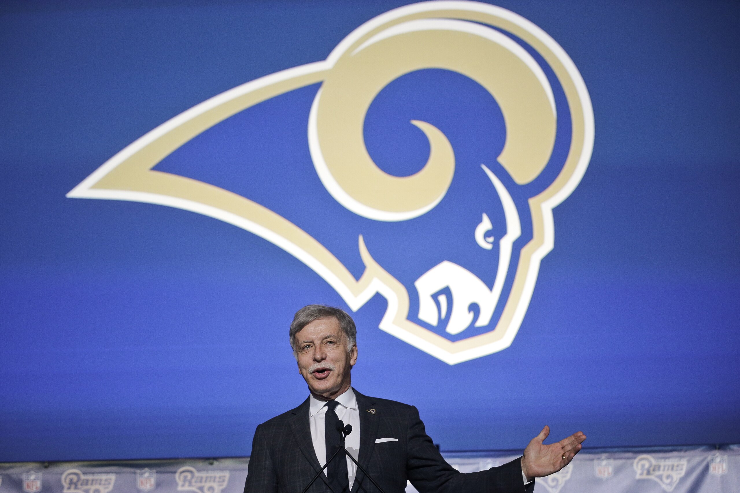 St. Louis Rams owner Stan Kroenke takes questions from the media at a news conference at The Forum in Inglewood, Calif., on Friday, Jan. 15, 2016. The Rams are returning to play in 2016 in the Los Angeles area at a new stadium to be built on a site near The Forum. (AP Photo/Nick Ut)