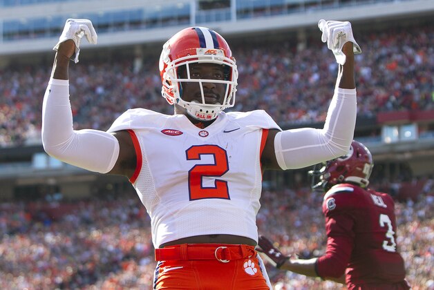 Nov 28, 2015; Columbia, SC, USA; Clemson Tigers cornerback Mackensie Alexander (2) blocks the pass intended for South Carolina Gamecocks wide receiver D.J. Neal (3) during the first half at Williams-Brice Stadium. Mandatory Credit: Joshua S. Kelly-USA TODAY Sports