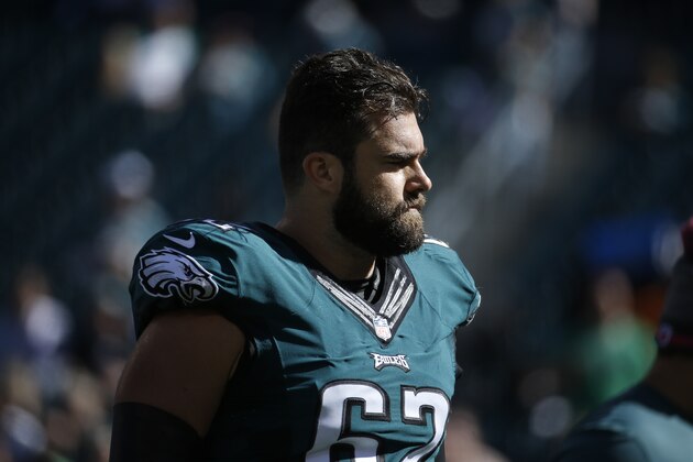 Philadelphia Eagles' Jason Kelce warms up before an NFL football game against the New Orleans Saints, Sunday, Oct. 11, 2015, in Philadelphia. (AP Photo/Michael Perez)