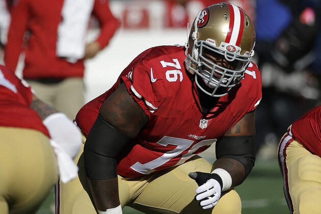 San Francisco 49ers offensive tackle Anthony Davis (76) before an NFL football game against the Arizona Cardinals in Santa Clara, Calif., Sunday, Dec. 28, 2014. (AP Photo/Marcio Jose Sanchez)