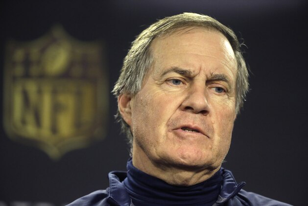 New England Patriots head coach Bill Belichick faces reporters before an NFL football practice, Wednesday, Jan. 20, 2016, in Foxborough, Mass. The Patriots are to play the Denver Broncos in the AFC Championship game Sunday, January 24, in Denver. (AP Photo/Steven Senne)