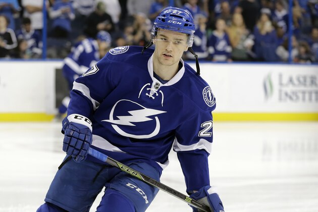 Tampa Bay Lightning left wing Jonathan Drouin (27) before an NHL hockey game against the New York Rangers Wednesday, Dec. 30, 2015, in Tampa, Fla. (AP Photo/Chris O'Meara)