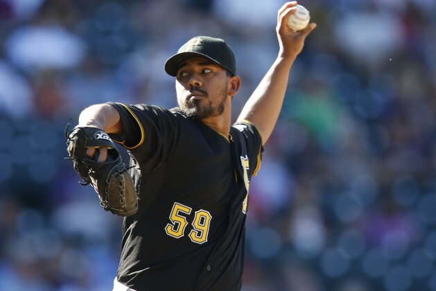 Pittsburgh Pirates relief pitcher Antonio Bastardo works against the Colorado Rockies in the eighth inning of a baseball game Thursday, Sept. 24, 2015, in Denver. Pittsburgh won 5-4. (AP Photo/David Zalubowski)
