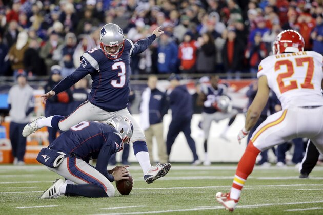 New England Patriots kicker Stephen Gostkowski (3) kicks an extra point against the Kansas City Chiefs in the first half of an NFL divisional playoff football game, Saturday, Jan. 16, 2016, in Foxborough, Mass. (AP Photo/Steven Senne)