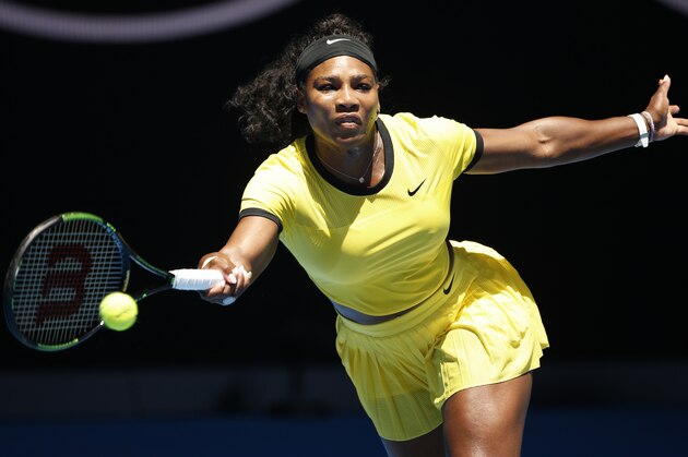 Serena Williams of the United States hits a forehand return to Hsieh Su-Wei of Taiwan during their second round match at the Australian Open tennis championships in Melbourne, Australia, Wednesday, Jan. 20, 2016.(AP Photo/Vincent Thian)