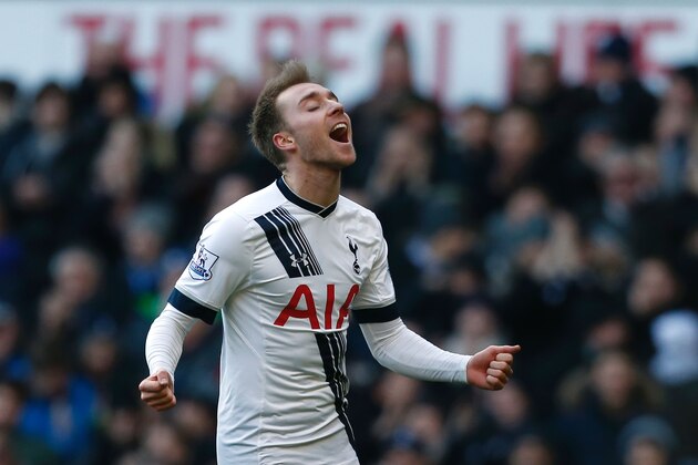 Tottenham Hotspur's Danish midfielder Christian Eriksen celebrates scoring his second and Tottenham's third goal during the English Premier League football match between Tottenham Hotspur and Sunderland at White Hart Lane in north London on January 16, 2016. AFP PHOTO / IAN KINGTON

RESTRICTED TO EDITORIAL USE. No use with unauthorized audio, video, data, fixture lists, club/league logos or 'live' services. Online in-match use limited to 75 images, no video emulation. No use in betting, games or single club/league/player publications. / AFP / IAN KINGTON        (Photo credit should read IAN KINGTON/AFP/Getty Images)