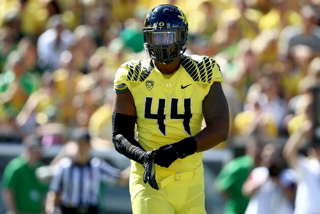 Oregon defensive lineman DeForest Buckner (44) is seen during the first half of an NCAA college football game against Georgia State, Saturday, Sept. 19, 2015, in Eugene, Ore. (AP Photo/Ryan Kang)