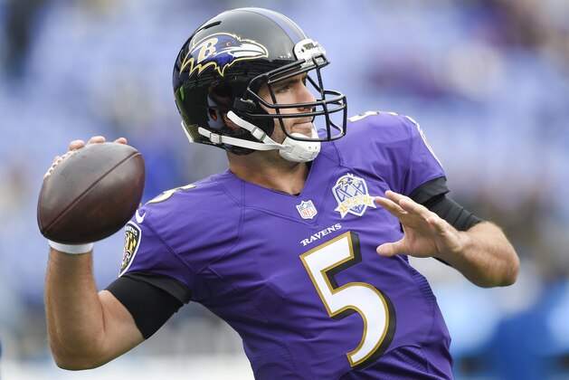 Baltimore Ravens quarterback Joe Flacco (5) warms up before an NFL football game against the St. Louis Rams in Baltimore, Sunday, Nov. 22, 2015. (AP Photo/Nick Wass)