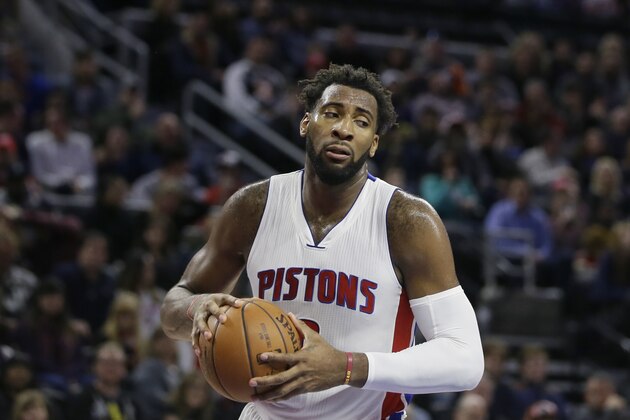 Detroit Pistons center Andre Drummond grabs a rebound during the second half of an NBA basketball game against the Boston Celtics, Saturday, Dec. 26, 2015, in Auburn Hills, Mich. (AP Photo/Carlos Osorio)