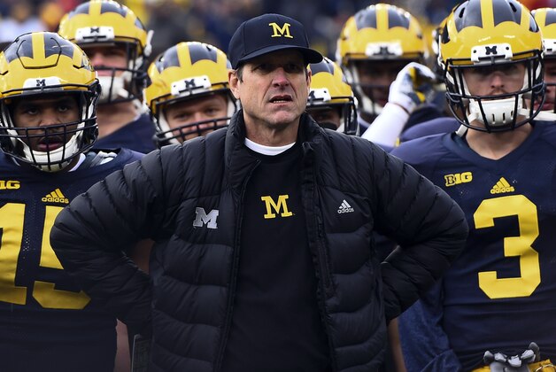 Nov 28, 2015; Ann Arbor, MI, USA; Michigan Wolverines head coach Jim Harbaugh on the sideline during the first half against the Ohio State Buckeyes at Michigan Stadium. Mandatory Credit: Tim Fuller-USA TODAY Sports