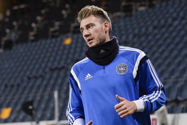 Denmark's national football team player forward Nicklas Bendtner warms up during a training session at the Friends Arena in Solna, near Stockholm on November 13, 2015 on the eve of the Euro 2016 playoff football match between Sweden and Denmark.  AFP PHOTO  / JONATHAN NACKSTRAND        (Photo credit should read JONATHAN NACKSTRAND/AFP/Getty Images)