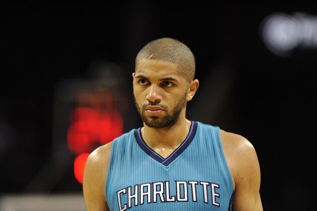 Dec 12, 2015; Charlotte, NC, USA; Charlotte Hornets guard forward Nicolas Batum (5) during the second half of the game against the Boston Celtics at Time Warner Cable Arena. Celtics win 98-93. Mandatory Credit: Sam Sharpe-USA TODAY Sports