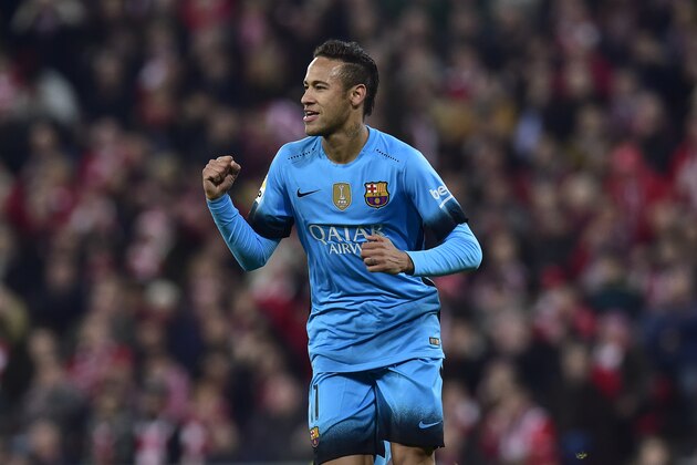 FC Barcelona's Neymar of Brazil, right, celebrates his goal after scoring during their Spanish Copa del Rey soccer match, round 8, first leg, between Athletic Bilbao and FC Barcelona, at San Mames stadium, in Bilbao northern Spain, Wednesday, Jan. 20 2016. (AP Photo/Alvaro Barrientos) FC Barcelona's Neymar of Brazil, right, celebrates his goal after scoring during their Spanish Copa del Rey soccer match, round 8, first leg, between Athletic Bilbao and FC Barcelona, at San Mames stadium, in Bilbao northern Spain, Wednesday, Jan. 20 2016. (AP Photo/Alvaro Barrientos)