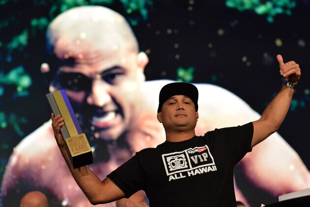 LAS VEGAS, NEVADA - JULY 11:   BJ Penn receives his award as he is inducted into the UFC Hall of Fame at the UFC Fan Expo in the Sands Expo and Convention Center on July 11, 2015 in Las Vegas Nevada. (Photo by Brandon Magnus/Zuffa LLC/Zuffa LLC via Getty Images)