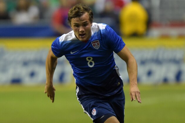 Apr 15, 2015; San Antonio, TX, USA; United States forward Jordan Morris (8) against Mexico in an international friendly at Alamodome. The United States defeated Mexico 2-0. Mandatory Credit: Kirby Lee-USA TODAY Sports