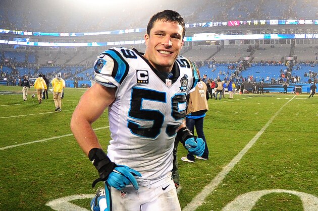 CHARLOTTE, NC - JANUARY 3: Luke Kuechly #59 of the Carolina Panthers celebrates after the NFC Wild Card Playoff game against the Arizona Cardinals  on January 3, 2015 at Bank of America Stadium in Charlotte, North Carolina.  (Photo by Scott Cunningham/Getty Images)